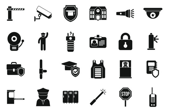 School security guard icons set simple vector. CCtv agent. Monitor safety