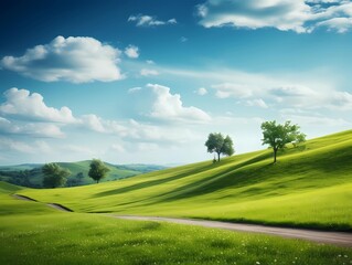 Green grass and rolling hills, beautiful landscape and blue sky