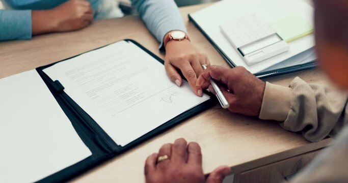Hands, lawyer or man with contract to sign application or writing on document for insurance papers. Compliance, closeup or client signature for paperwork policy, legal form or title deed agreement