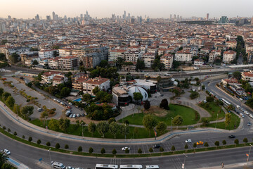 Drone view Maltepe Sahil at sunset. Aerial view of over park and harbor in Maltepe district on the Marmara Sea coast of the Asian side of Istanbul, Turkey.