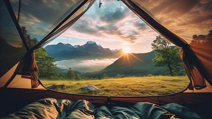Camping in mountain area landscape, view from inside tent, exploring and hiking