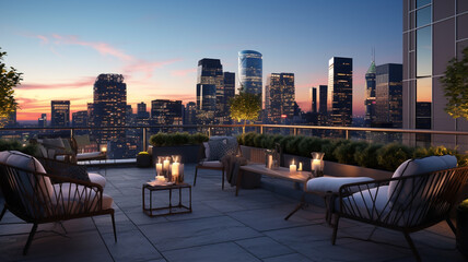 Rooftop patio with a city skyline at dusk. Luxury urban outdoor seating area with scenic view of skyscrapers at night - obrazy, fototapety, plakaty