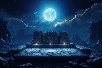 Stone platform for battle at night.  - obrazy, fototapety, plakaty