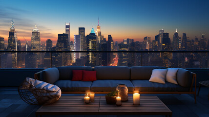 Rooftop patio with a city skyline at dusk. Luxury urban outdoor seating area with scenic view of skyscrapers at night © Visual Studio