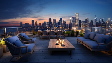 Rooftop patio with a city skyline at dusk. Luxury urban outdoor seating area with scenic view of skyscrapers at night - obrazy, fototapety, plakaty