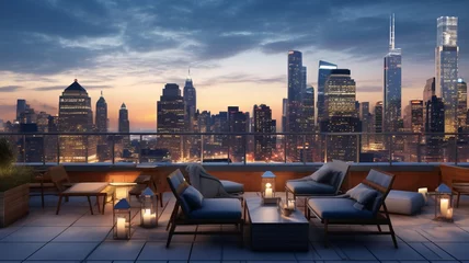 Fototapeten Rooftop patio with a city skyline at dusk. Luxury urban outdoor seating area with scenic view of skyscrapers at night © Artofinnovation