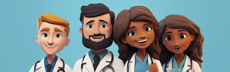 Cartoon character doctors, international team of healthcare professionals isolated on blue background. Medical colleagues hospital staff, generative ai