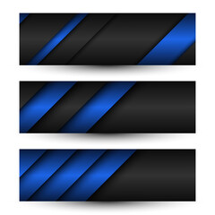 Fototapeta premium Set of three abstract black and blue modern material headers. Technology banners. Vector abstract widescreen backgrounds