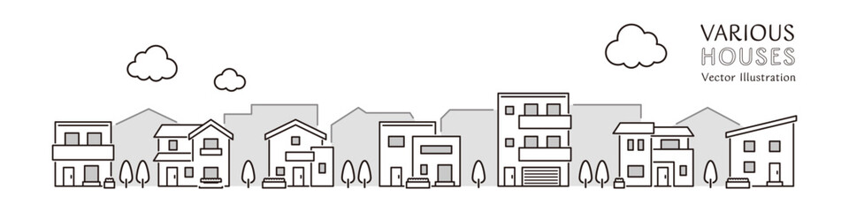 シンプルな住宅が並ぶ街並みのベクターイラスト