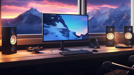 Fototapeta premium Gaming room with computer and wide monitor screen colorful neon lights, setup for e-sports