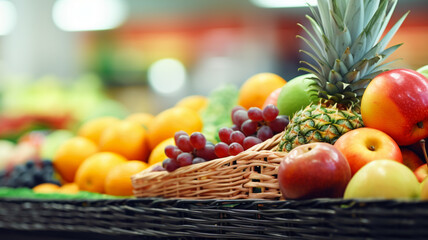 Fresh colorful fruits mix in basket on shelf in market or supermarket
