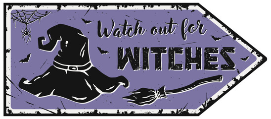 Halloween poster pointer witchcraft witch hat for party. Magic spooky cap for happy halloween. Lid for design dark halloween party or sabbat - obrazy, fototapety, plakaty