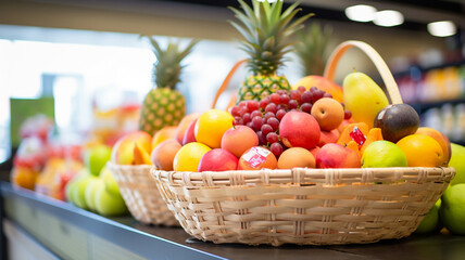 Fresh colorful fruits mix in basket on shelf in market or supermarket