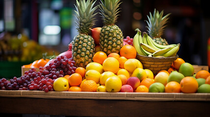 Fresh colorful fruits mix in basket on shelf in market or supermarket