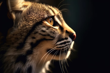 Portrait of a beautiful cat in close-up Macro photography on dark background. 
