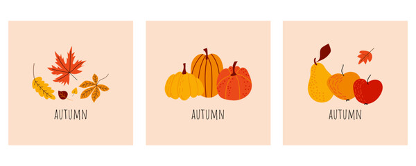 Vector set of fall greeting cards with pumpkins, leaves, fruits. Greeting card, poster, template. Autumn mood. Thanksgiving invitation. Minimalist postcard with autumn theme. Hand-drawn style.