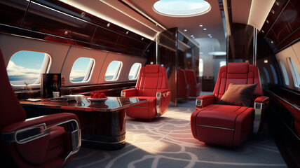 Fototapeta premium Luxury private jet indoor interior, seats and table, millionaire rich lifestyle