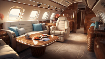 Luxury private jet indoor interior, seats and table, millionaire rich lifestyle