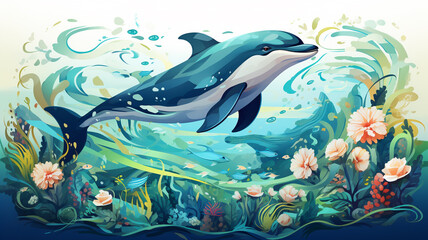 Naklejka premium World ocean day, sea life fish illustration, concept of ecology and sustainable development