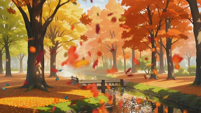 autumn landscape with trees. Cartoon or Japanese anime watercolor painting illustration style. seamless looping 4K time-lapse virtual video animation background.
