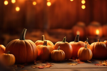 Autumn festive background with ripe pumpkins and glowing lights with bokeh effect. Generative AI.