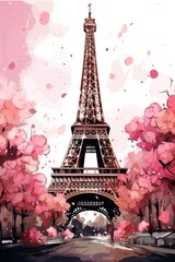 Fototapeta Watercolor Eiffel Tower with roses and paint splatter vertical orientation. Generative ai obraz