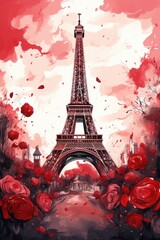 Watercolor Eiffel Tower with roses and paint splatter vertical orientation. Generative ai