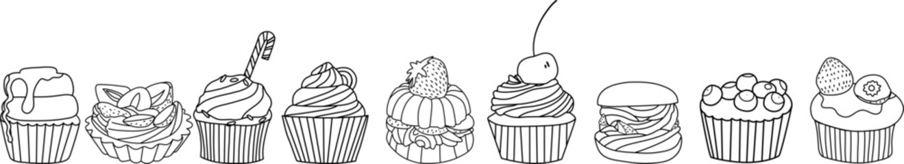 A set of various cakes, muffins and cupcakes offline. Minimalism, one continuous line, sketch, drawing. Symbol, emblem, logo, packaging design element, labels.