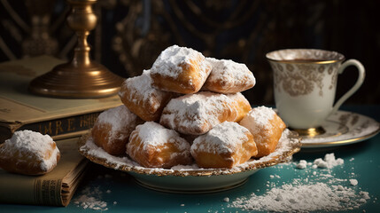 New Orleans Inspired Beignets on Farmhouse Table with Vintage Background - Covered in Powdered...
