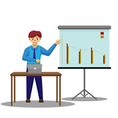 Confident young man standing near flip chart and pointing graph and diagram. Creative business concept. Office interior. Modern vector illustration. Flat design.