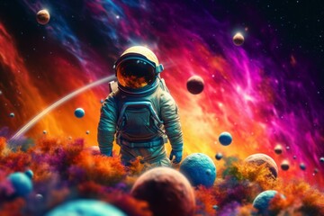 Fototapeta na wymiar Cosmonaut or astronaut in rainbow colors. Background with selective focus and copy space. AI generated, human enhanced