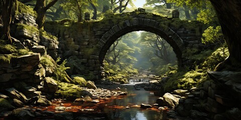 illustration of stone bridge in forest, generative AI