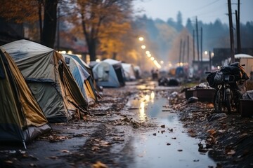 Refugee camp with tents. Background with selective focus and copy space - obrazy, fototapety, plakaty