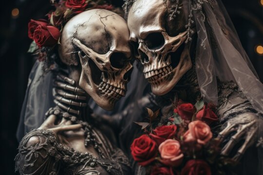 Zombie skeleton women, lgbt love. Halloween concept. Background with selective focus and copy space