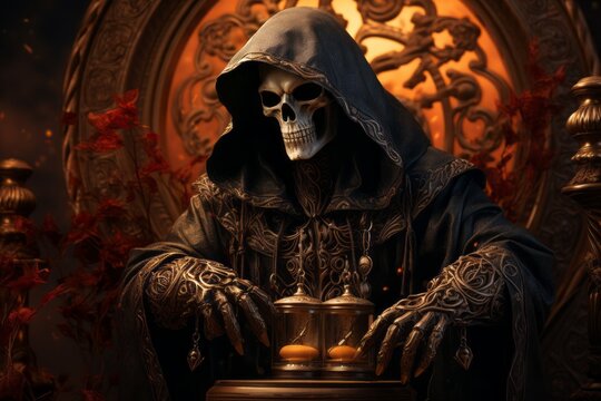 The Death or Grim reaper performs a ritual in the palace. Halloween concept. Background with selective focus