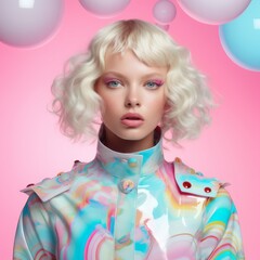 Fototapeta premium Creative colorful sweet, street party concept of a young girl in a bunch of helium balloons. Beautiful colorful balls as a symbol of fun and love. Generative AI.