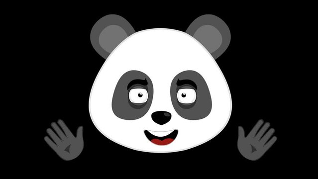 video animation happy cartoon panda bear face, with its hands waving. On a transparent background with zero alpha channel