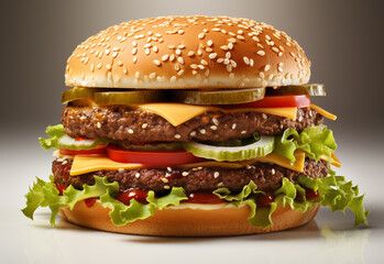 Double hamburger isolated on white background Fresh burger fast food with beef and cream cheese realistic image, ultra hd, high design very detailed