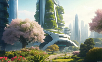 Ecology friendly futuristic green city, Generative AI Illustration.