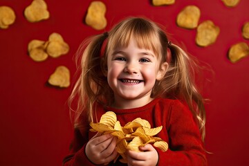 Beautiful Little Girl Holding Potato Chips with a Smile in a Dry Red Portrait. Emotion of Joy and Satisfaction in Eating Chips: Generative AI