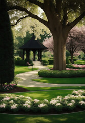 Fototapeta na wymiar A park with mature trees and flowers, Generative AI Illustration.