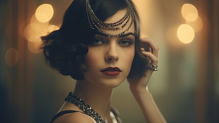 Beauty in the Details: Elegant Young Woman Dressed in Vintage Retro 20s Art Deco Style: Generative...
