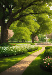 A park with mature trees and flowers, Generative AI Illustration.