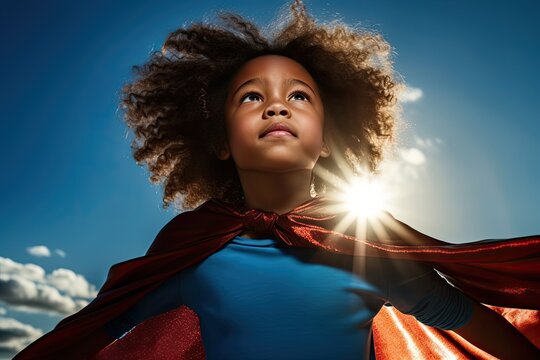 Active Afro-American Superhero Girl with Strong Superpowers and Billowing Cloak Against Blue Skies: Generative AI