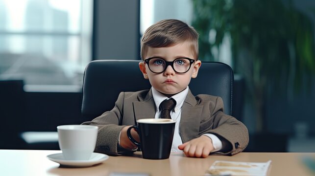 Bored Business Boy in Office. Young businessman looking disinterested in his career as a child with glasses sips a hot drink beside him: Generative AI