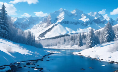 Fototapeta na wymiar Beautiful snow mountain with river, Generative AI Illustration.
