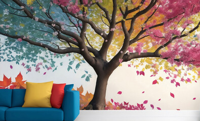 A beautiful tree inside house with furniture, Generative AI Illustration.