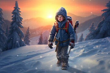 Fototapeta na wymiar Young Boy Exploring the Chilly Cold of Winter: A Generative Children's Adventure, Generative AI