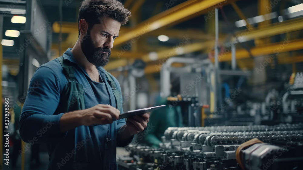 Wall mural modern engineer is checking machine use tablets in the factory for routine maintenance