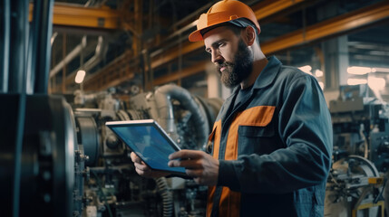 Modern Engineer is checking machine use tablets in the factory for routine maintenance